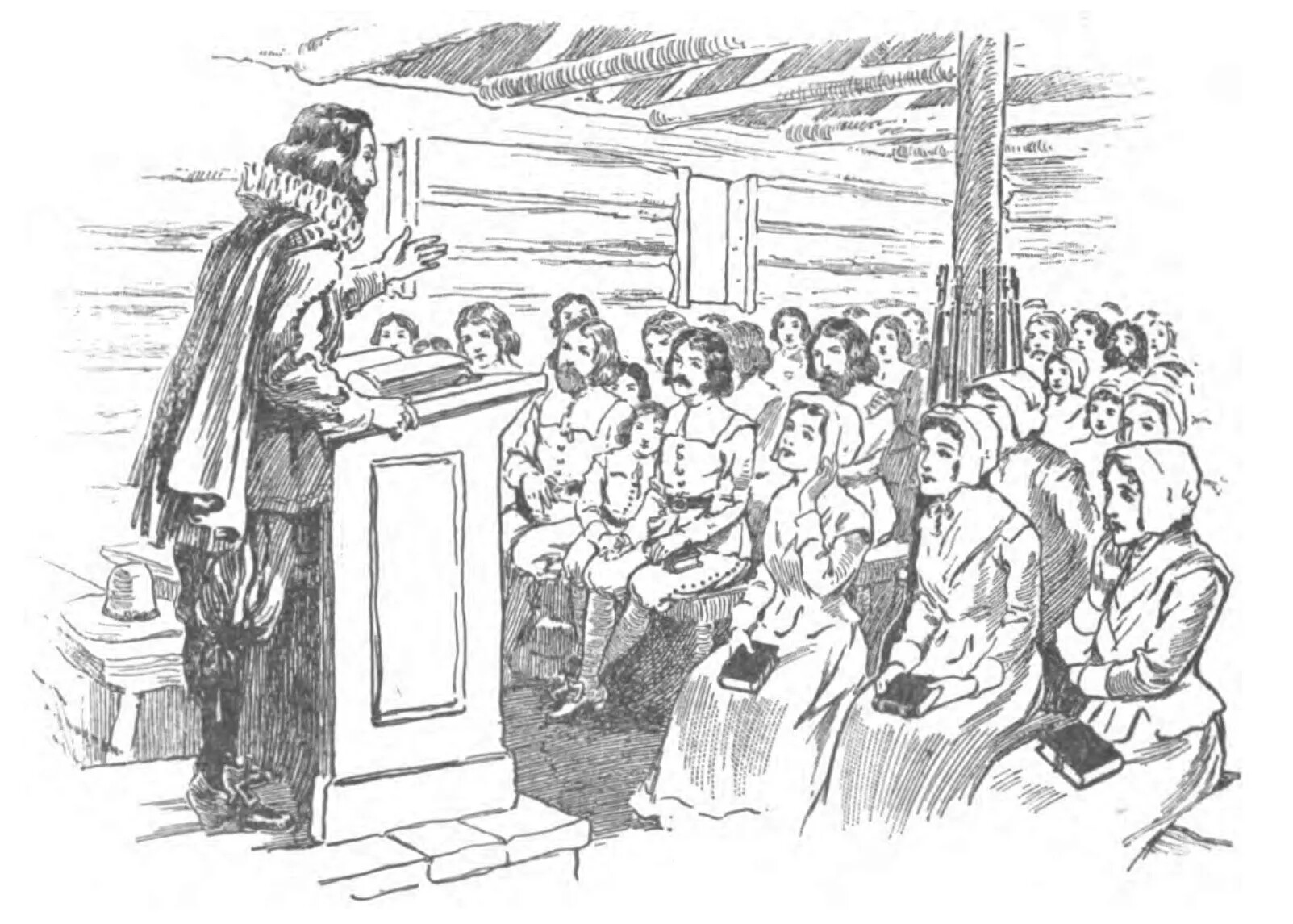 A black and white drawing of a group of men, women, and children sitting in a wood-panelled room. The men wear long coats and shirts with wide collars, knee-length pants, long stockings, and buckled shoes. The women wear long dresses and bonnets. The men all sit on one side of the room and the women all sit on the other side. All of the people sit looking forward at a man with a puffed and ruffled collar and cape, who stands behind a podium with an open book on it.