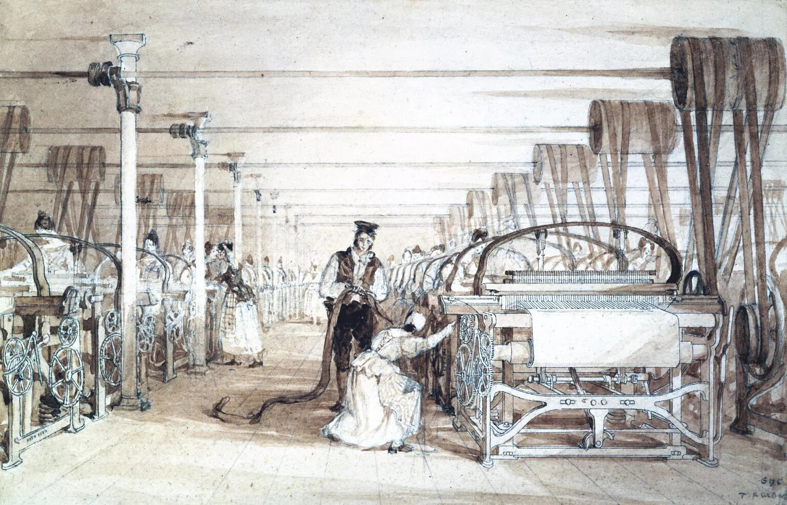 A colored drawing of the inside of a factory. There are several large machines in long columns, with a pathway between each. Each machine is attended to by women and young girls in long dresses.