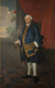 A colorful painting shows a white-haired man in formal dress posed standing with a cane. He is not smiling and looks directly at the viewer. He is wearing a long blue coat bordered with gold, a white shirt with ruffled cuffs, and knee-length blue pants. He has white stockings and black shoes with brass buckles. He stands on a black and tan checked floor in front of a column and red curtain. In the background are tall trees, clouds, and a village far away. 