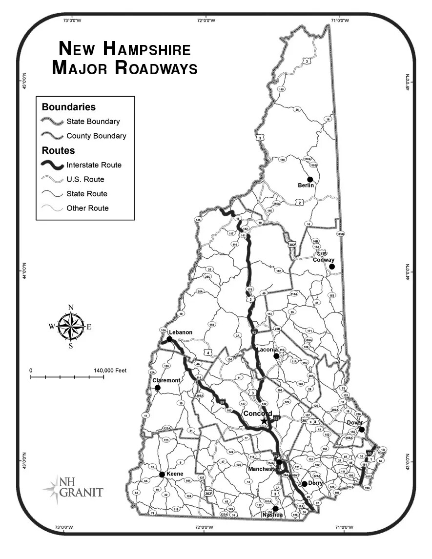 A black and white map of New Hampshire, showing curvy lines of varying thickness. All of the lines are labeled with different numbers. To the left of the map is a box with the words "State Boundary” , “County Boundary”, “Interstate Route”, “U.S. Route”, “State Route”, and “Other Route". These words are placed to the right of several curvy lines. The title of the map, placed in the upper left-hand corner, reads "New Hampshire Statewide Map Atlas/MAJOR ROADWAYS." Below the title and box are a compass rose and a horizontal line with little vertical lines placed at even intervals.