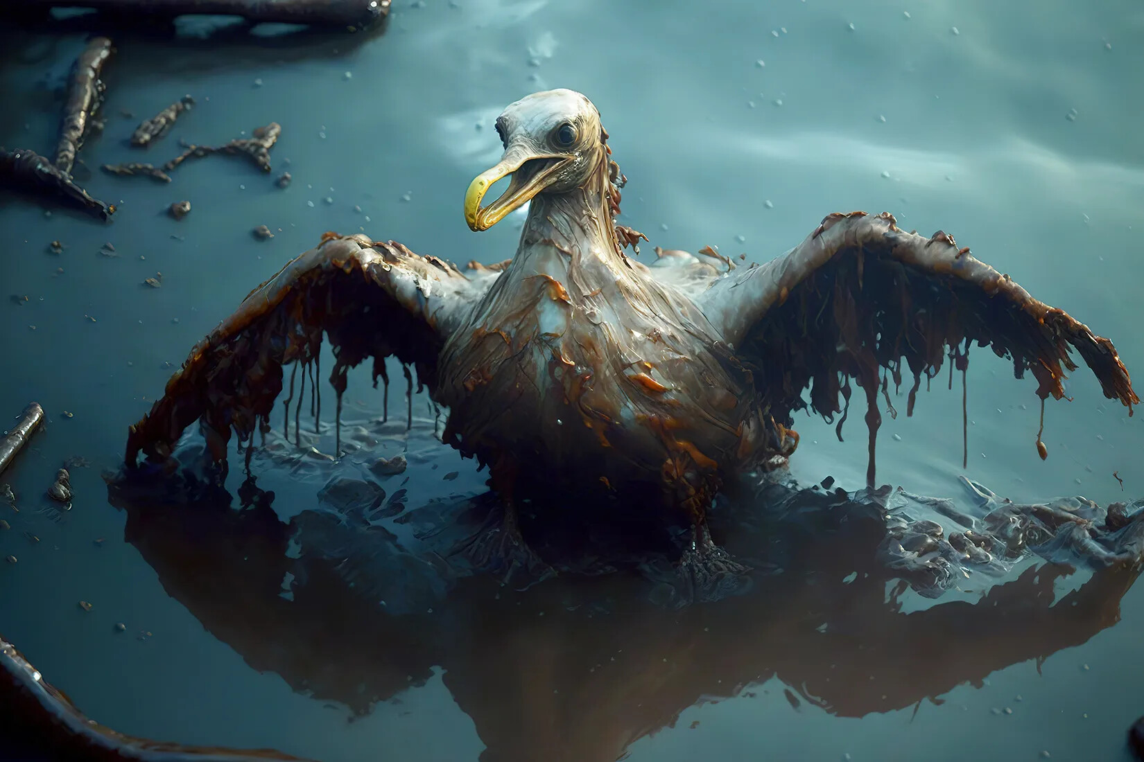 A colored photograph of a bird covered in grime in a dirty body of water.