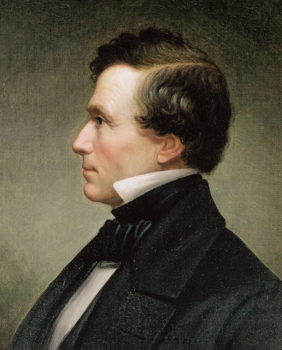 Colored portrait of a man looking to the left. He has wavy brown hair, and wears a high white collared shirt, a black neck-tie, and a black jacket.