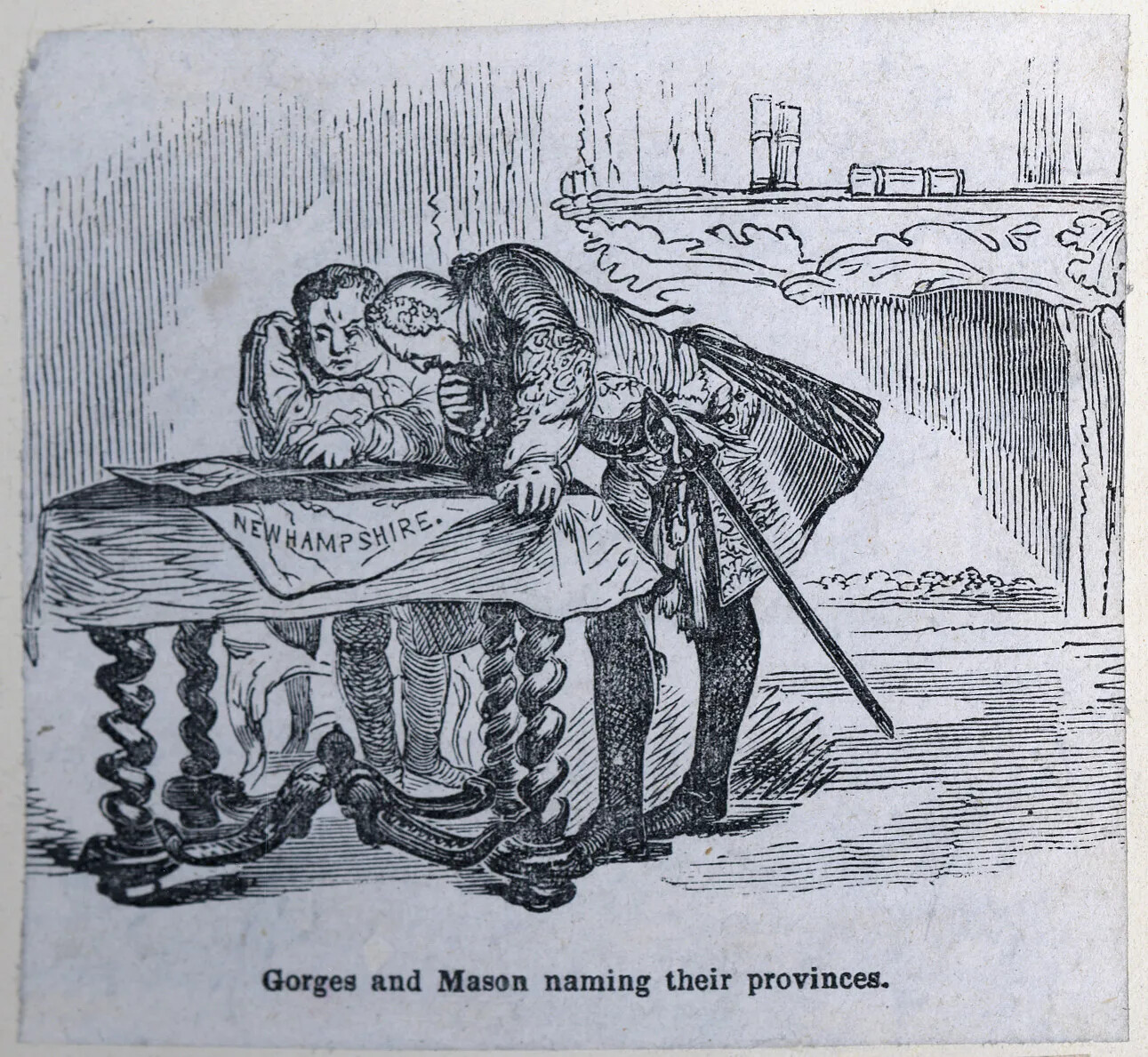 In a black and white cartoon, two figures are seen bending over a desk, looking at a piece of paper. They are dressed in formal clothing from the 1600s, and one of them wears a sword. The table and mantle behind them are ornate. Over the tablecloth, a corner of the paper hangs and the viewer can see it says "NEW HAMPSHIRE." The caption reads "Gorges and Mason naming their provinces." 