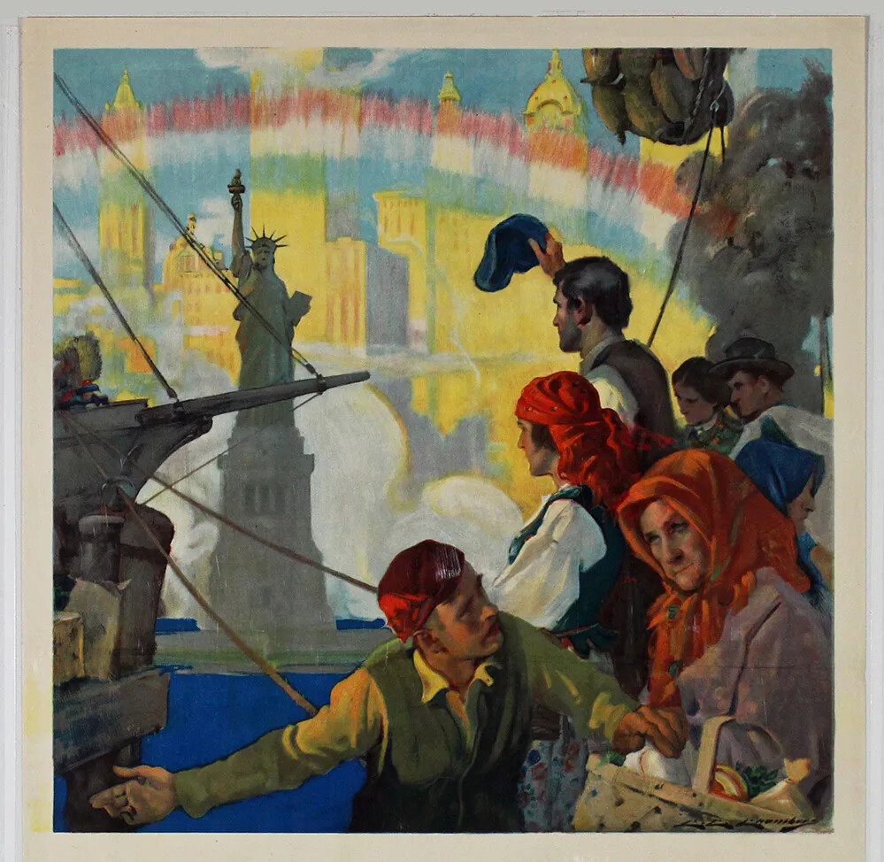 Color poster with the Statue of Liberty in the background of the image. Behind her are tall buildings. There is a rainbow above her. In the foreground, on the left side, is a ship’s prow. On the right side, a man wearing early 20th century clothing faces the viewer with his heard turned to his left and his arm outstretched toward the ship’s prow. He is looking at an older woman, whose head faces the viewer. She is dressed in early 20th century clothing and her head is covered with a scarf. She carries a basket with food in it. Behind these two four people face away from the viewer, toward the Statue of Liberty. One man has removed his hat and is holding it in his hand, his arm outstretched. Another person, behind the older woman, is facing away from the Statue of Liberty. Her head is covered with a blue scarf.  