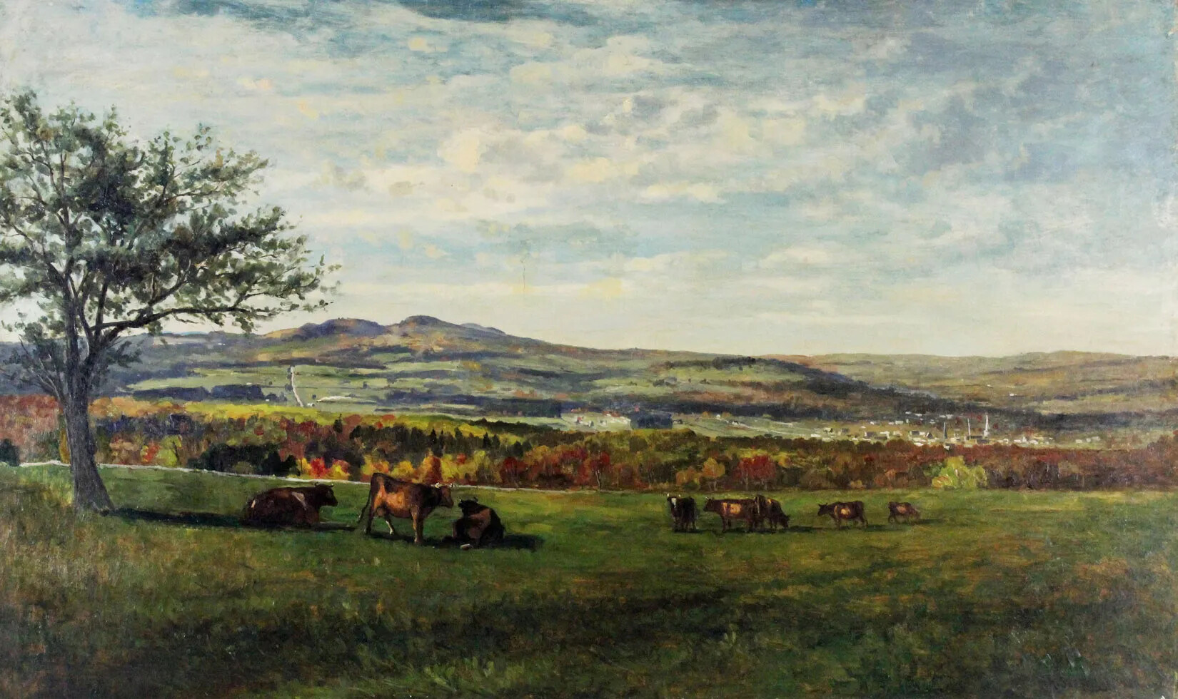 A colored painting of a large grassy area, with green and red trees and mountains in the background. On the grassy field are red and brown cows.
