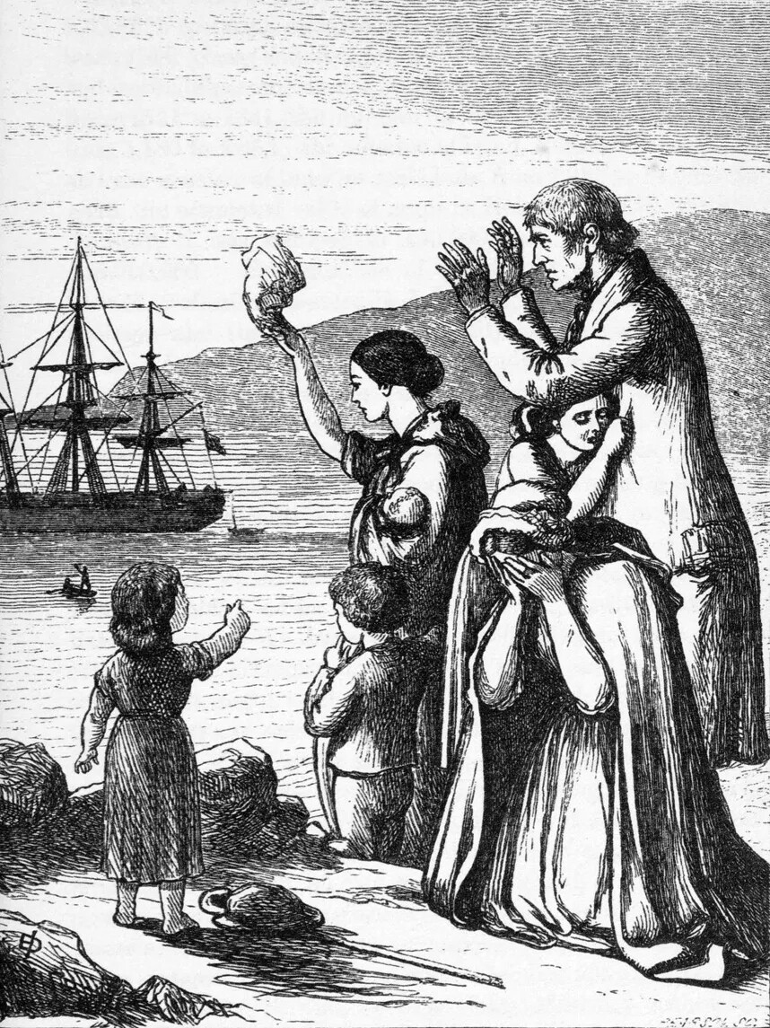 A black and white drawing of a group of men, women, and children waving from a shore to a departing ship with tall masts.