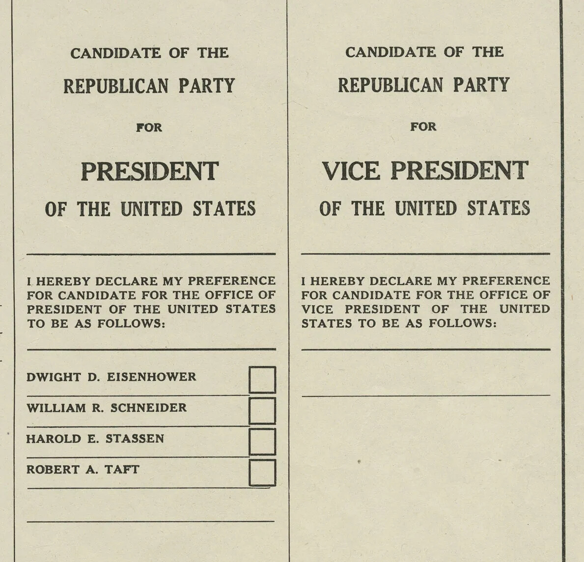 Two columns of black text on a gray document. The left column has the title of "CANDIDATE OF THE/REPUBLICAN PARTY/FOR/PRESIDENT/OF THE UNITED STATES." Beneath the title is a block of smaller text and then four names placed next to four boxes. The right column has the title of "CANDIDATE OF THE/REPUBLICAN PARTY/FOR/VICE PRESIDENT/OF THE UNITED STATES." Beneath the title is a block of smaller text and space to write in a name.