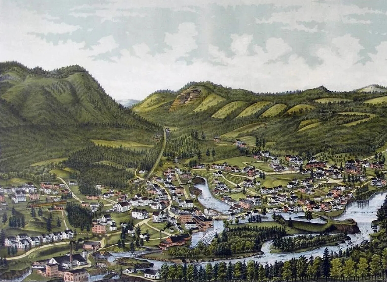A colored painting of a settled town, with many houses positioned on curving streets and along a river, in the middle of a green valley between mountains.