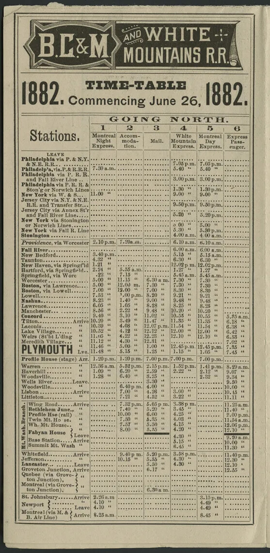 A document on white paper with black text. The title of the document, written in white letters on a black background, reads "B.C.&M/AND WHITE/MOUNTAINS R.R./1882. TIME-TABLE/Commencing June 26, 1882./ GOING NORTH". Beneath the title is a graph with various locations and times.