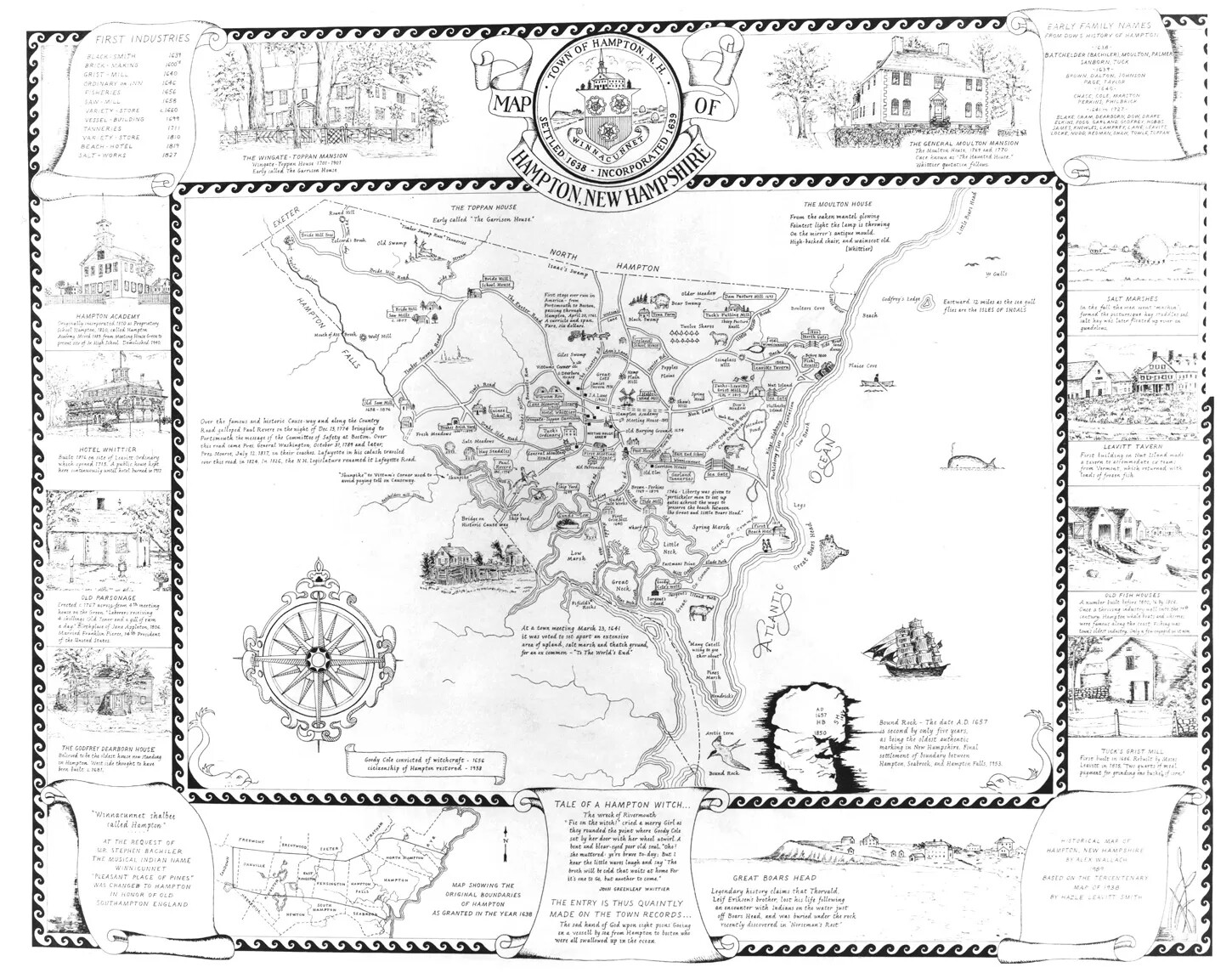 A black and white horizontal map of a town's settlement. The map of the town is bordered by several drawings, showing various documents and historic locations within the town. The map's title, found centered along the upper border, reads "MAP OF/ HAMPTON, NEW HAMPSHIRE."