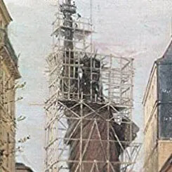 Historic image of the Statue of Liberty under construction surrounded by scaffolding.