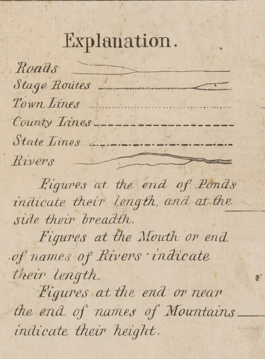 An excerpt from an old document showcasing black text on aged white paper. The title reads “Explanation”, and below it, a series of lines are drawn in different styles. To the left of these lines are the following words in descending order: “Roads”, “Stage Routes”, “Town Lines”, “County Lines”, “Rivers”. Directly beneath this is another block of text, reading “Figures at the end of Ponds/indicate their length and at the/side their breadth./Figures at the Mouth or end/of names of Rivers indicate/their length./Figures at the end or near/the end of names of Mountains/indicate their height”.