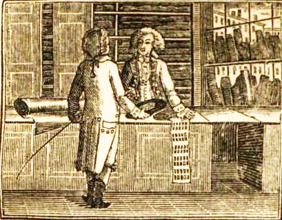 A black and white drawing of two men in a shop. One man stands with his back to the viewer on one side of a long counter, and the other man stands facing the viewer on the other side of the counter. Both men wear long buttoned coats and tie their long hair back in a ponytail. The man with his back to the viewer also holds a hat in his right hand and a walking stick in his left.