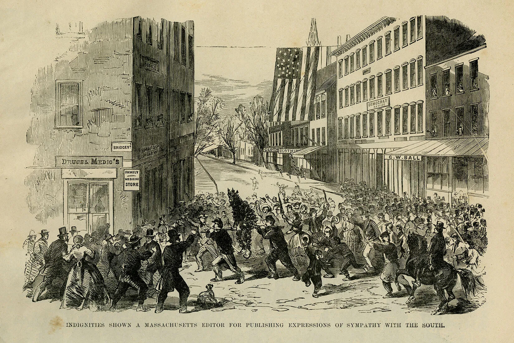 A black and white drawing of a large crowd of angry people standing in a street lined with multi-storied buildings. An American flag hangs across the street from a rope that hangs between two of the buildings.