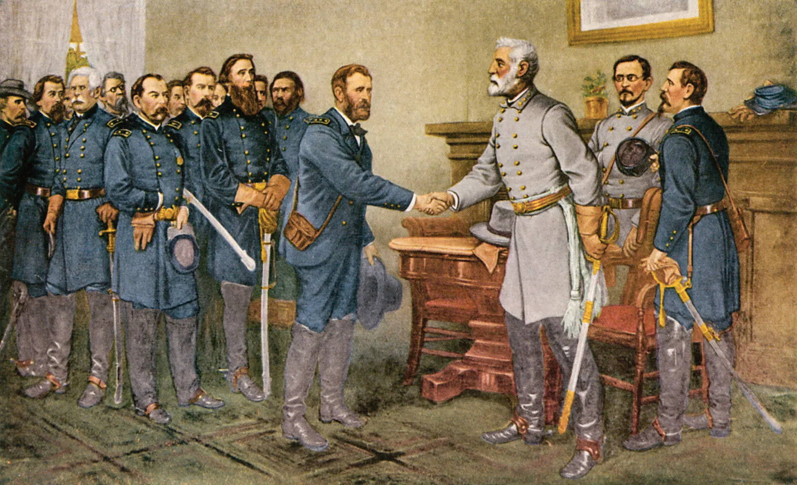 A colored painting of a group of men standing in a room. Most of the men wear blue uniforms with gold buttons, while two of the men wear gray uniforms. One of the men in a gray uniform shakes hands with one of the men in a blue uniform.