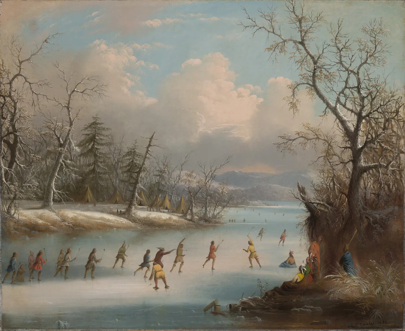 A painting of a group of people dressed in colorful clothing playing a game with large sticks on a frozen body of water. The water is lined on both sides with forests covered in snow. A group of people watch the activity from the right-hand corner of the painting. To the left of game is a grouping of triangular tents on a snowy field.