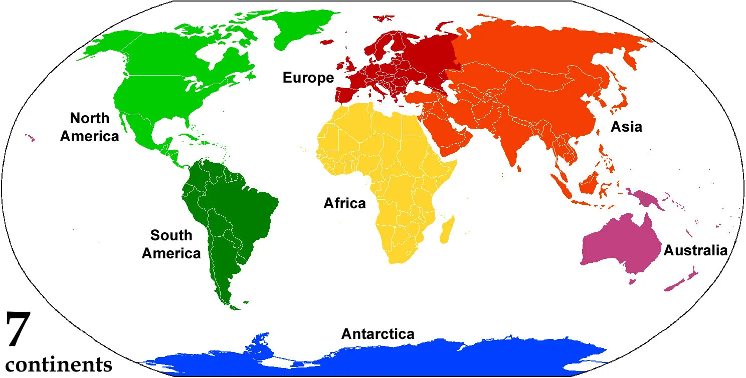 A colored map of the world. The countries in each of the seven continents are outlined in white. Each continent is a different color: North American is light green, South America is dark green, Europe is red, Asia is orange, Africa is yellow, Antarctica is blue, and Australia is purple. The ocean’s in between the continents is white. Beside each of the continents is labeled, from left to right “North America/South America/Antarctica/Europe/Africa/Asia/Australia”. The text in the bottom left corner reads “7/continents”.