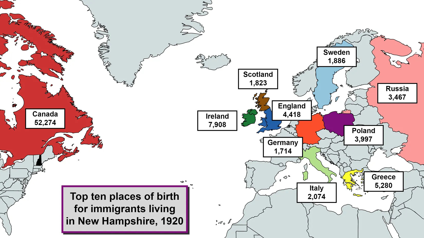A colored map of the United States and Europe. Many of the countries are in gray, while 10 countries are in different colors. Next to each colored country is a white text box outlined in black, with black text. 
