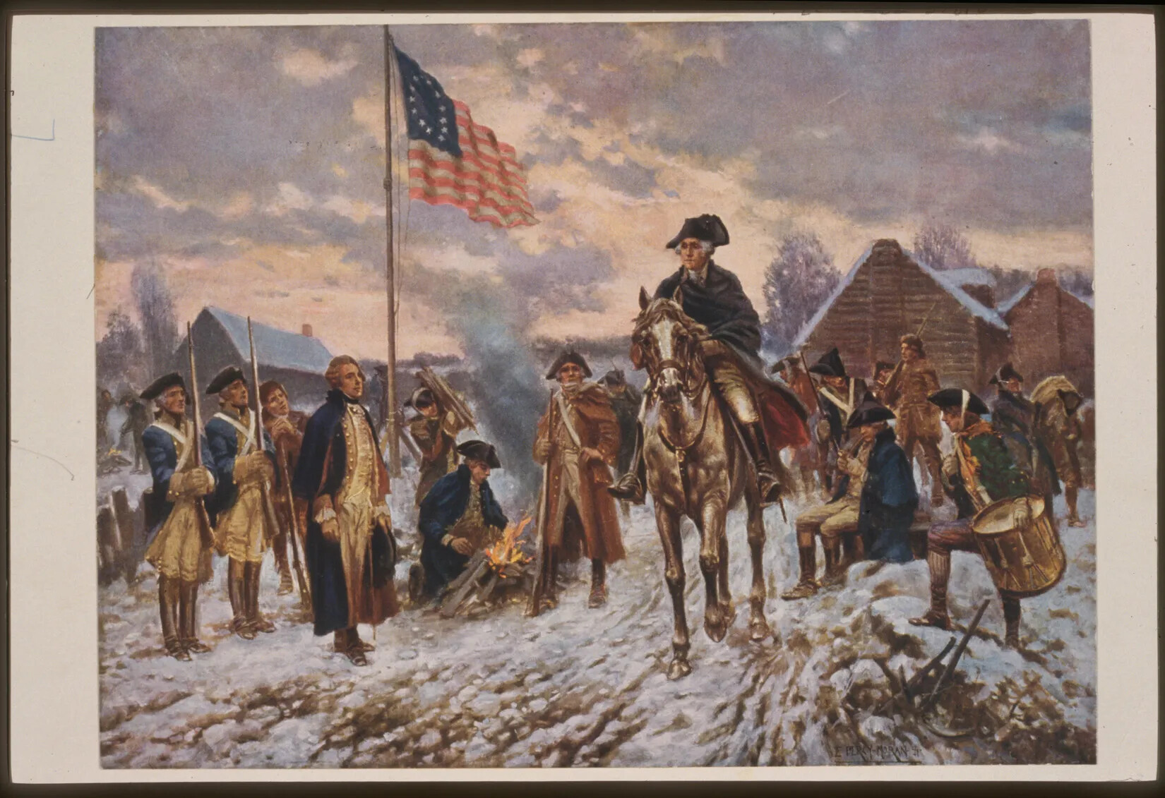A colored painting of a man riding a brown horse, as he rides through a path lined with men dressed in tri-corner hats, long blue coats, white pants, and tall black boots. The man on the horse also wears this outfit. To the left of the man on the horse is a raised flag on a pole, with red and white stripes and a square of blue in the top right-hand corner. The blue square has a circle of white stars on it. Behind the group are several one-storied buildings.