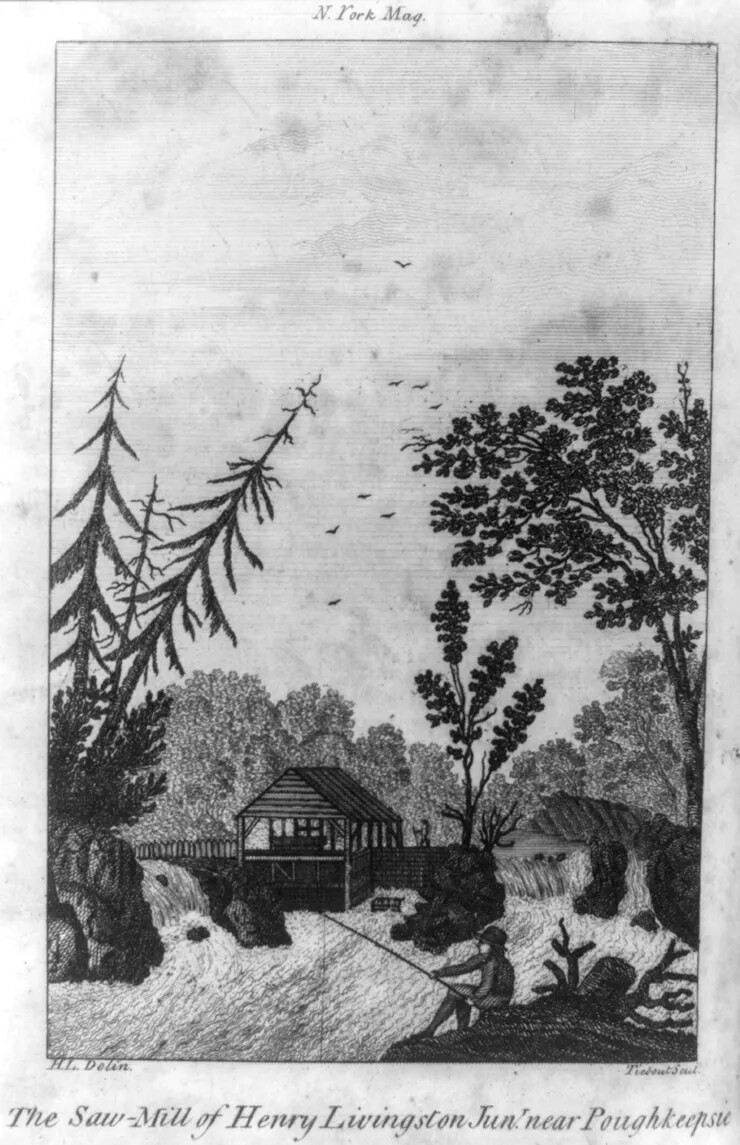 A black and white vertical drawing of a wooden house, with open sides, placed at the edge of a hillside, overlooking a river. To the right of the house is a waterfall. A person sits fishing on the banks of the river in the foreground. The title of the drawing, located centered along the bottom border reads "The Saw-Mill of Henry Livingston Jun. near Poughkeepsie."