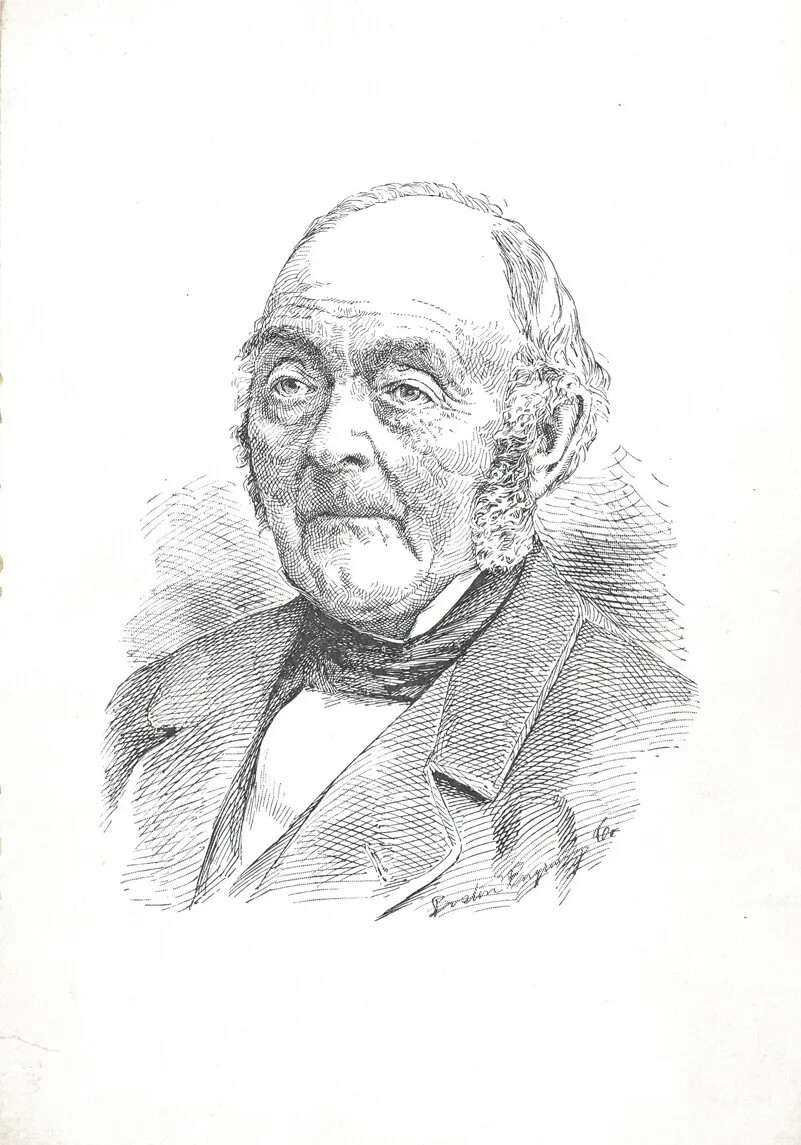 A black and white etching of an older man’s portrait.  He is partially bald and has side-burns.  He wears a collared shirt, a neck tie, and a jacket.