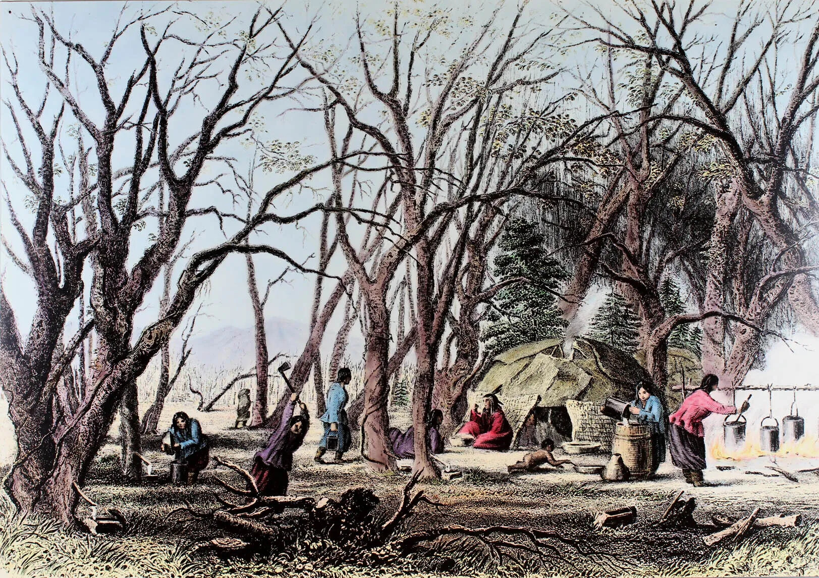 A colored drawing of a group of people in a wooded area. There is a small domed building towards the right side of the drawing. Some people sit and stand outside the structure, while others participate in different tasks: a woman stirs one of the three pots that hang over a large fire, another woman pours liquid from a pot into a large barrel, and a man swings an ax in mid-air.