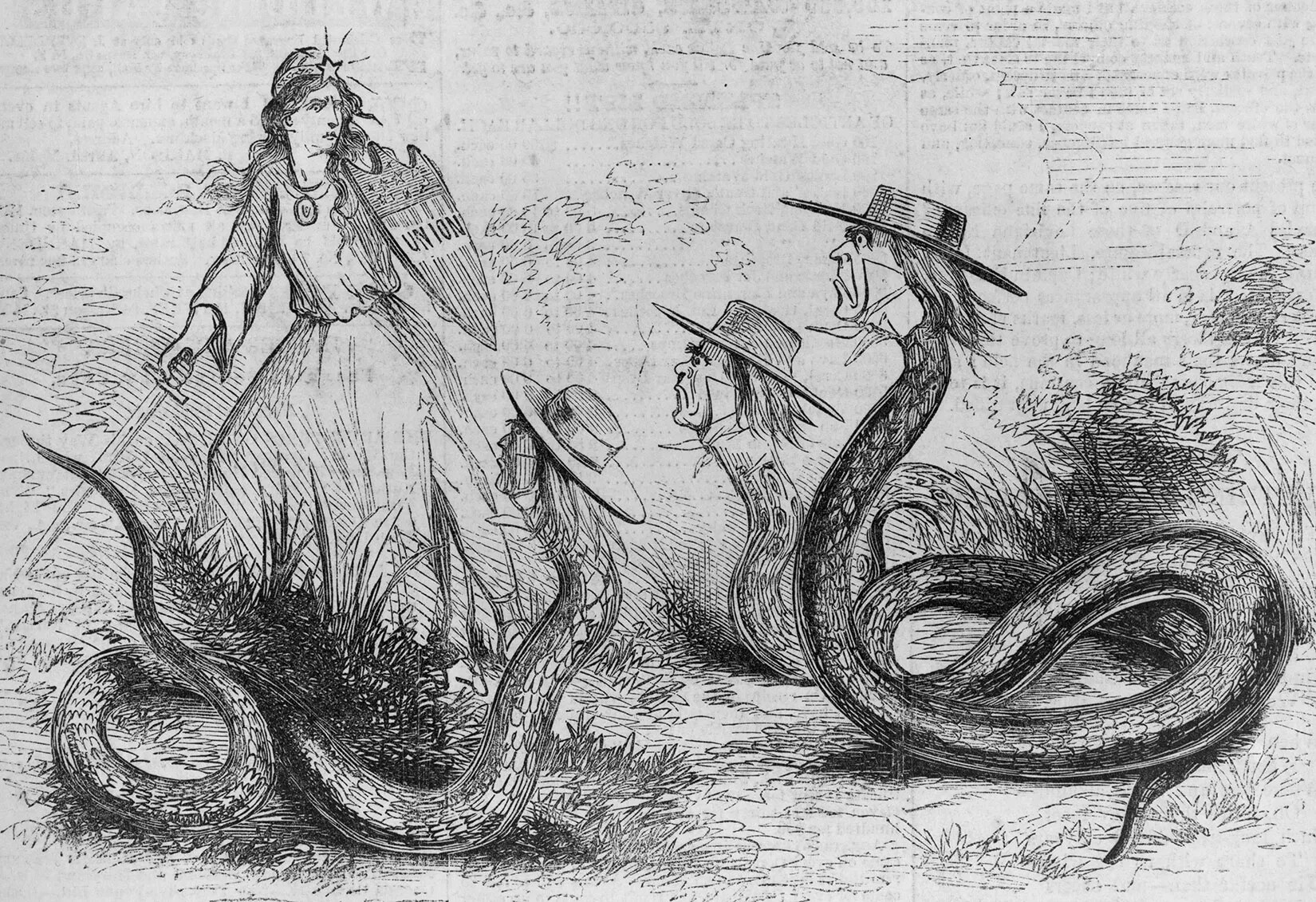 A black and white drawing of three snakes with human heads starring at a woman in a long dress. She carries a sword and a shield that says "UNION."