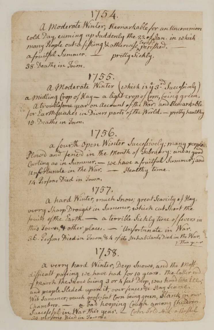 A browning vertical piece of paper with text handwritten in black ink. The text is written in cursive handwriting, and is broken up into five paragraphs, each with a designated year; from top to bottom: 1754, 1755, 1756, 1757, 1758.