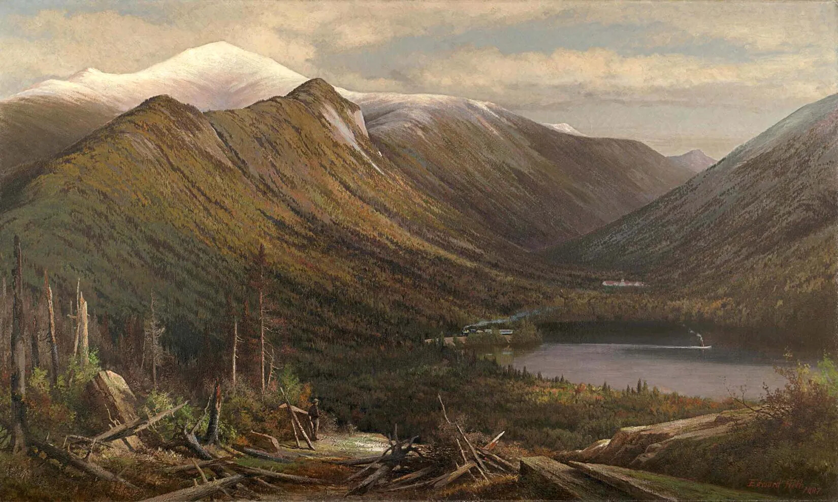 A colored painting of a valley between tall mountains. In the foreground is a person looking out onto the valley, surrounded by several cut trees. In the valley is a small body of water. In the distance, there is a large white building with a red roof, and a train with steam coming out of its smoke stack.