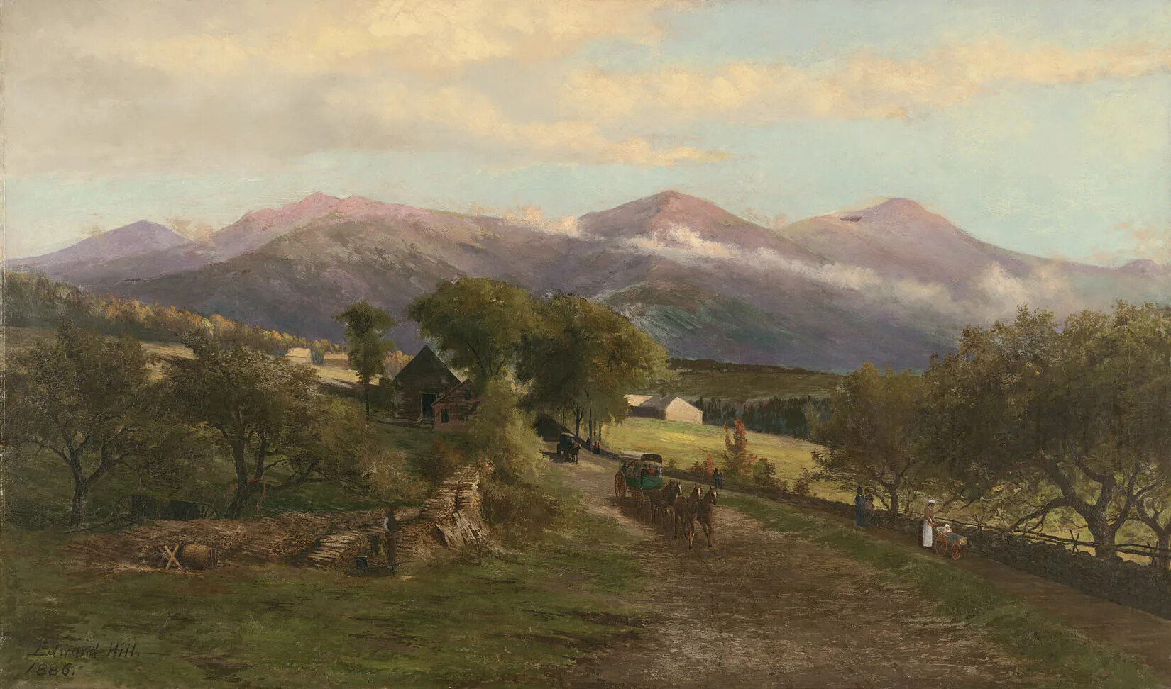A color landscape painting is done in oil on canvas. It shows a view of the Presidential Range from a nearby valley. There are barns on treelined property in foreground, with a wood pile at left. Two horse-drawn carriages approach on a dirt road at the center foreground. There are people along the roadside at right and center. The mountains across the background are lavender, backed by a bright blue sky with white clouds. The peaks, from left to right, are Mount Madison, Mount Adams, Mount Jefferson, and Mount Washington. There is a dark spot on left shoulder of Mount Washington which is the headwall of the Great Gulf. The painting is signed at lower left in black: "Edward Hill. / 1886".