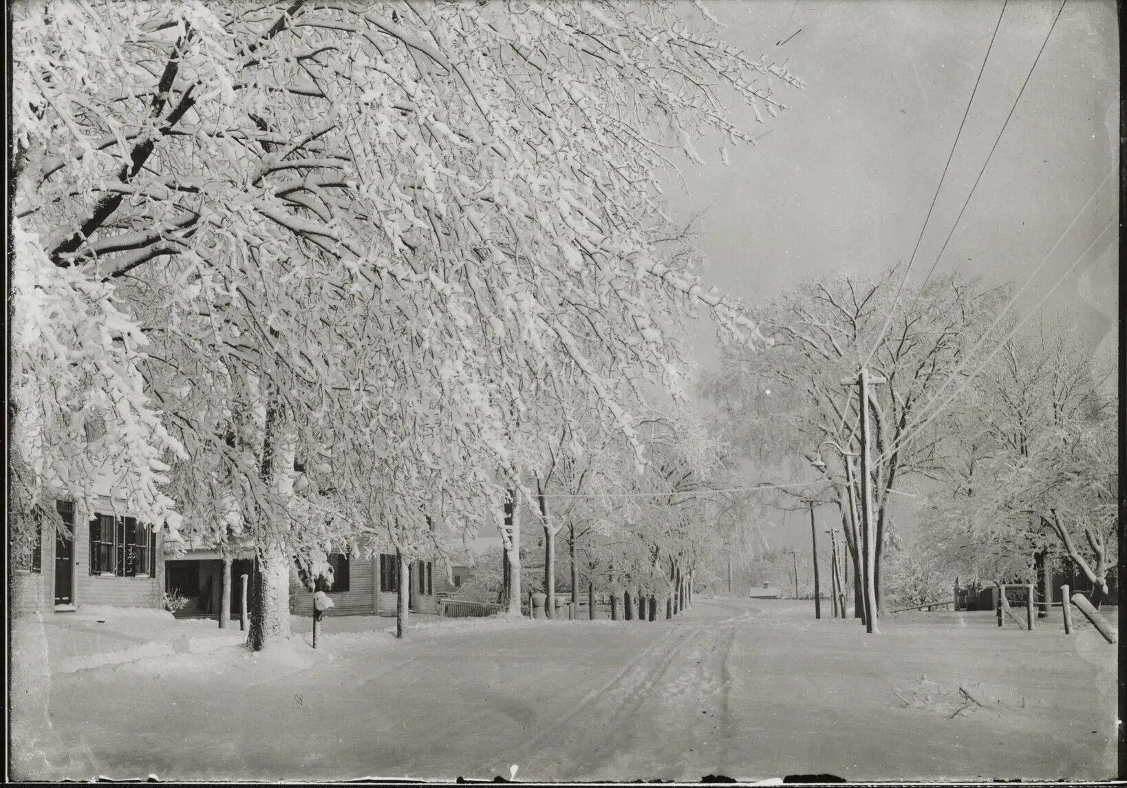 A black and white photograph of a road lined with houses, power lines, and trees, all covered in snow.