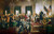 A crowd of men sit and stand in a formal room with a chandelier and fancy window treatments. They are dressed in formal suits from the 1700s. They face a dais with a desk, where one man stands in front of a chair. Another man appears to be writing on something on the desk. Flags decorate the wall behind the standing man. 