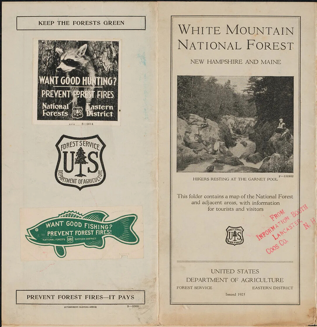 The back and front pages of a brochure. The title of the brochure, located along the upper border on the right-half of the page, reads: "WHITE MOUNTAIN/NATIONAL FOREST/NEW HAMPSHIRE AND MAINE." The rest of the brochure has black and white photographs of wildlife and people hiking, as well as several stamps.