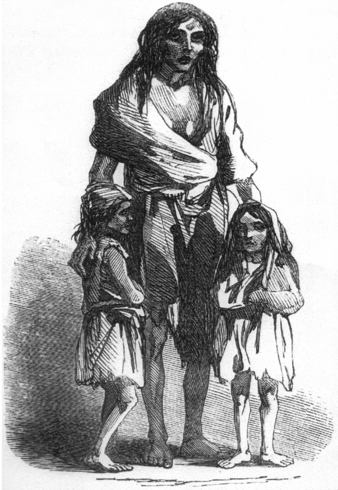 A black and white sketch drawing shows a woman in rags standing with long, messy hair. She has her arms around two small children, one on each side of her. The children are also dressed in rags. All three figures show hopelessness on their faces. 
