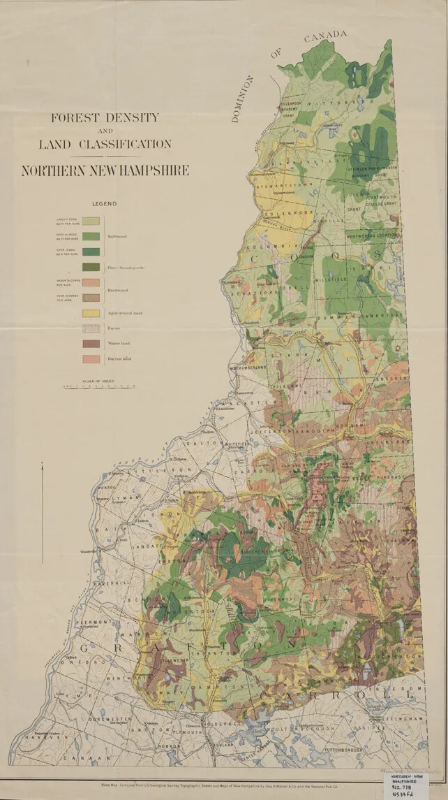 A vertical map of New Hampshire. Sections of the state are highlighted in different colors. The colors vary from different shades of red, yellow, brown, and green. To the left of the state is the title of the map, which reads "FOREST DENSITY/AND/LAND CLASSIFICATION/NORTHERN NEW HAMPSHIRE." Beneath the title is a map legend, which shows small boxes in a vertical line of all of the different colors represented on the map. To the right and left of each box is black text typed in small font.