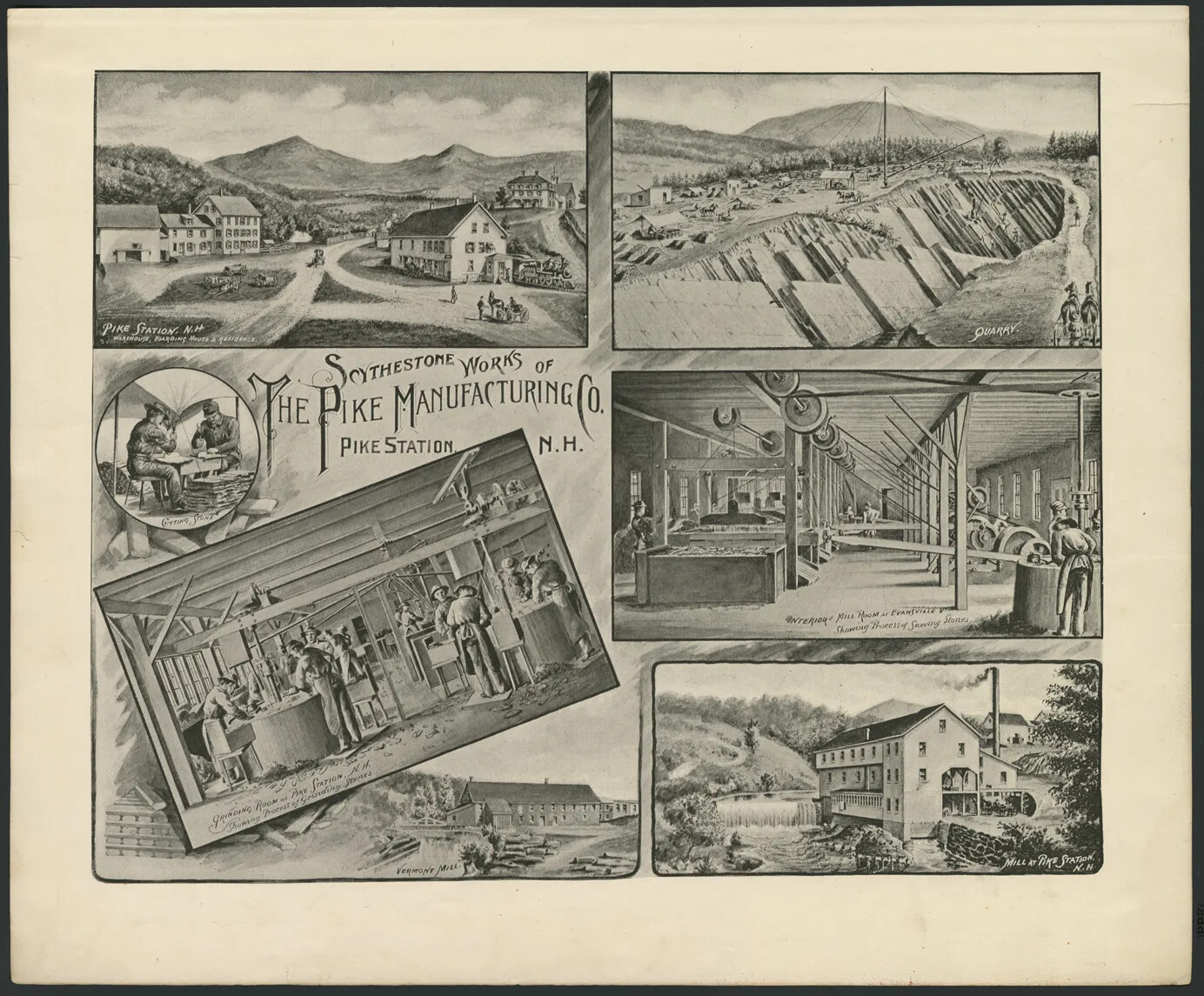 There are five panels in a black and white drawing with a background of a town and pasture land. In the middle of the rectangular panels is written "Scythestone Works of The Pike Manufacturing Company, Pike Station, N.H." The detailed panels show the different stages of production: natural resources, a factory, a house on the bank of a river gathering power, the interior of a different factory, and a town in which people are walking through and working. It is overall a positive and attractive vision of the Pike Manufacturing Company. 