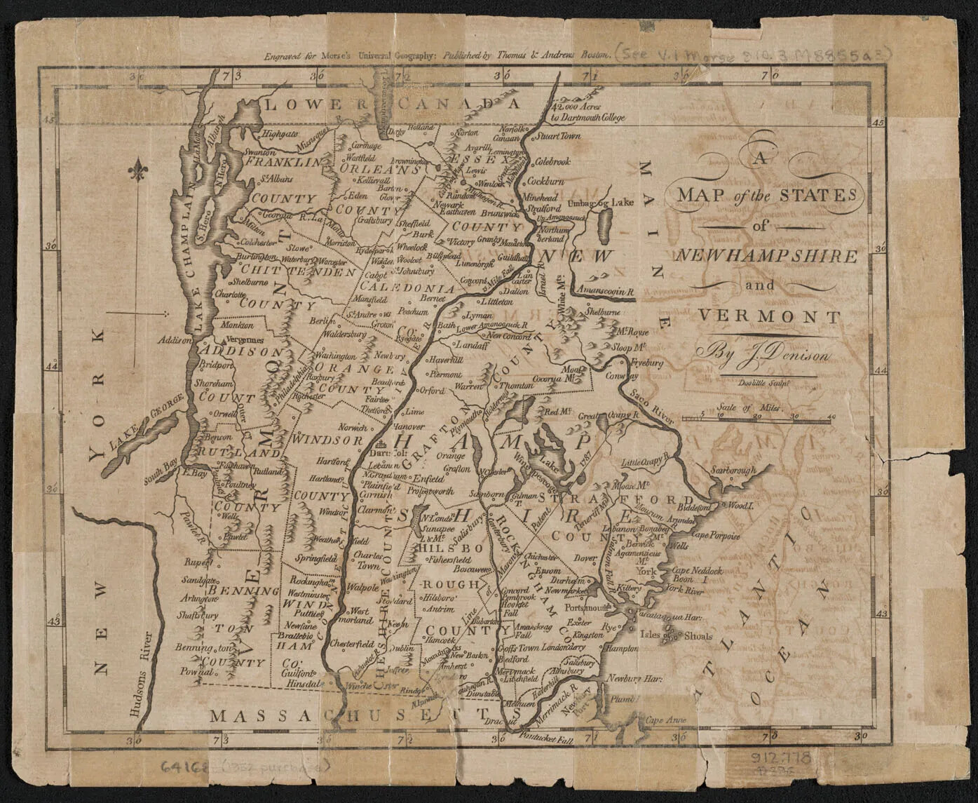 A damaged document of a map showing the borders of towns, a state border, and several lakes and mountain regions. The map has several tears and taped edges around its borders. The title of the map, in the upper right-hand corner, reads "A/MAP of the STATES/of/NEW HAMPSHIRE/and/VERMONT/." Beneath the title is a cursive signature, which reads "J. Denison."