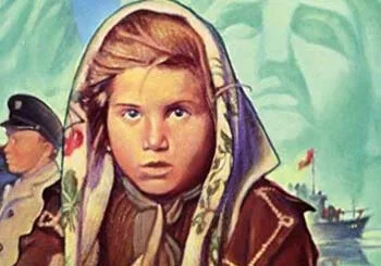 A young immigrant girl with a headscarf, with the Statue of Liberty in the background.