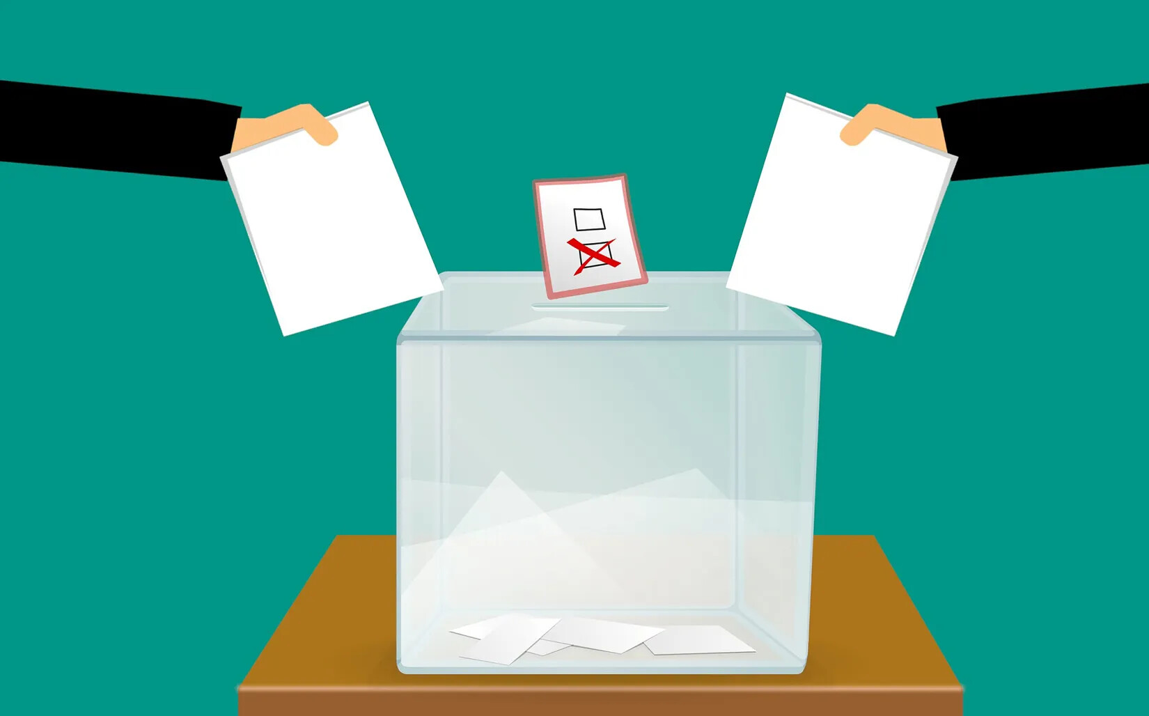 A colored cartoon drawing of two white people's arms, in black long-sleeved shirts, extending out from the sides of the image. Each person is holding a piece of paper over a see-through box on a table. The box has a slot at the top of it. Behind the slot is a smaller piece of paper on which there are two check-boxes. The bottom check-box has an "X" marked in it.