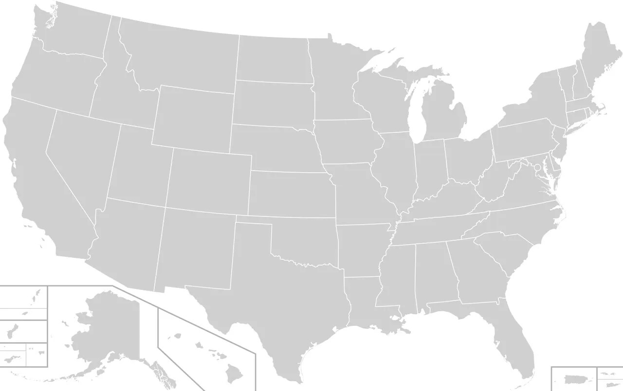A gray map of the United States and it territories. The states are outlined in white. The states of Alaska and Hawaii are presented in cropped boxes in the map’s bottom left hand corner. The territories of Puerto Rico, Guam, the Virgin Islands, American Samoa, and the Northern Mariana Islands are displayed in rectangular boxes along the map’s lower border.