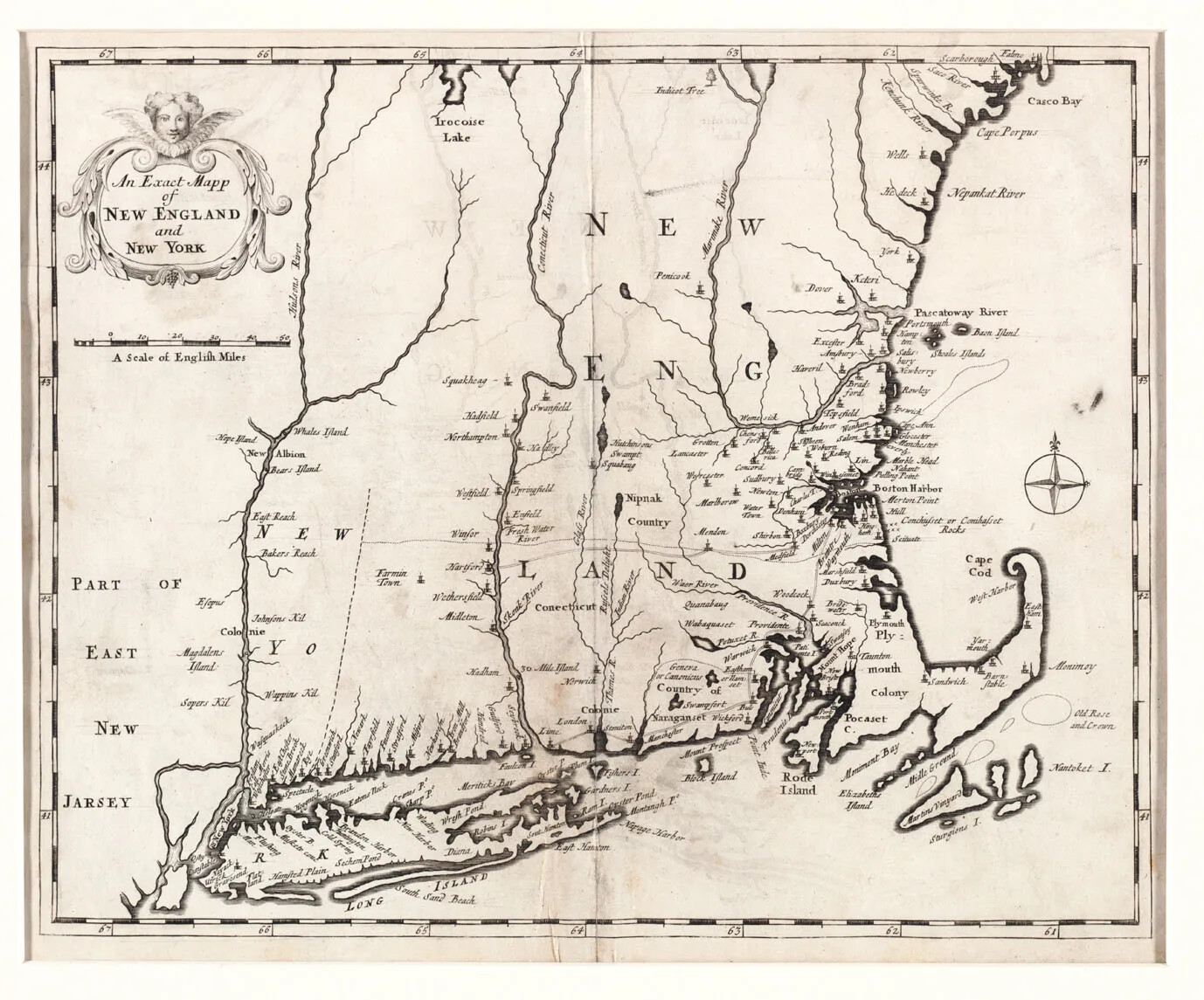 A black and white horizontal map of a piece of land that borders a body of water. One part of the land curves out into the body of water in the shape of a hook. The land is labeled as "NEW/ENG/LAND" and the title of the map, found in the upper left-hand corner, reads "An Exact Mapp/of/NEW ENGLAND/and/NEW YORK." A compass rose is featured on top of the body of water.