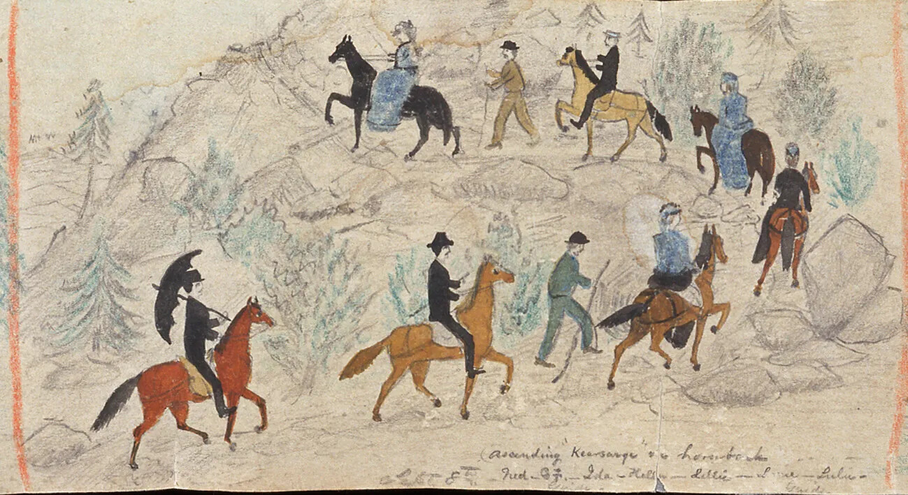 A colored drawing of a group of men and women on horseback. Two men with walking sticks walk among the horses. The group is on a curvy path that leads up a mountain. The women wear long skirts, jackets, and hats, and the men on horseback wear black pants, boots, jackets, and hats. One of the men walking wears a brown long-sleeve shirt and pants and the other man walking wears a gray long-sleeve shirt and pants.