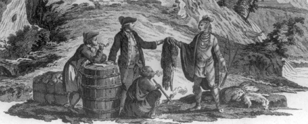A black and white drawing of four men standing and sitting in a rocky terrain. Two of the men wear tri-cornered hats, fittened jackets with buttons, knee-length pants, and buckled shoes with high stockings. The other two men wear cloth draped over their bodies and necklaces. The two men at the center of the drawing each hold one end of a piece of fur.
