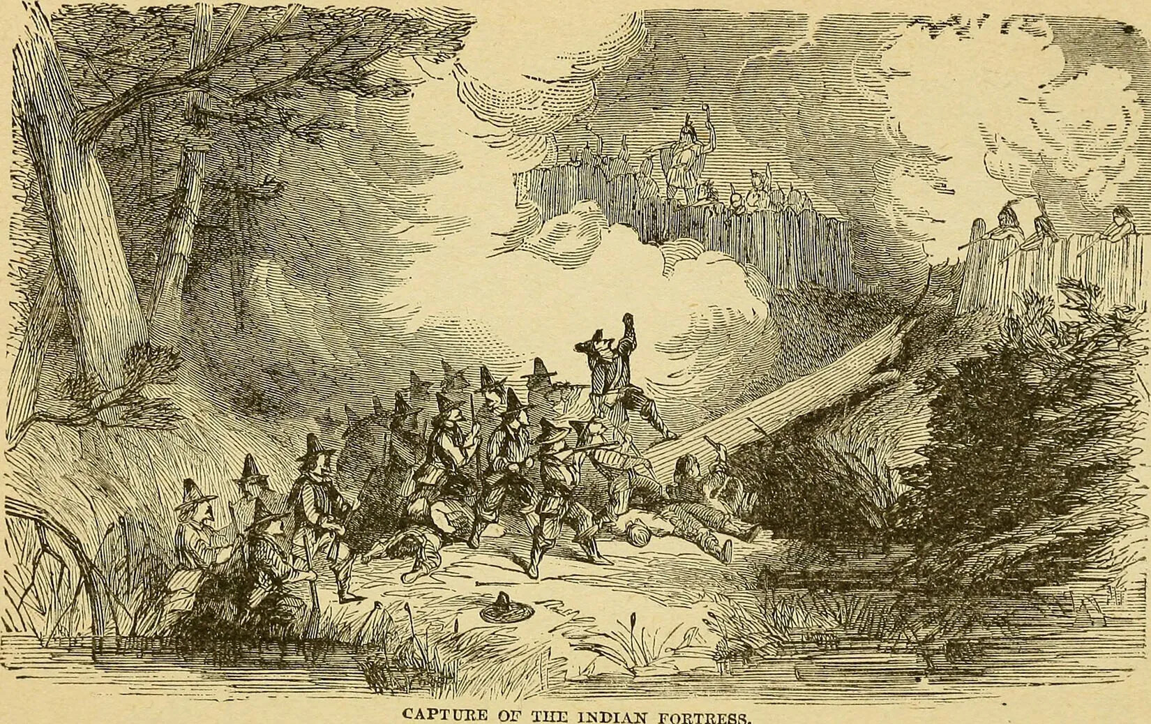 A black and white drawing of a group of men in pointed hats, long-sleeved shirts, knee-length pants, and boots firing muskets uphill at a fenced-in fortress. The people in the fortress look down at the other group of men, and point muskets at them. There is smoke coming from the right side of the fortress. The title of the drawing, located centered along the bottom border, reads "CAPTURE OF THE INDIAN FORTRESS."