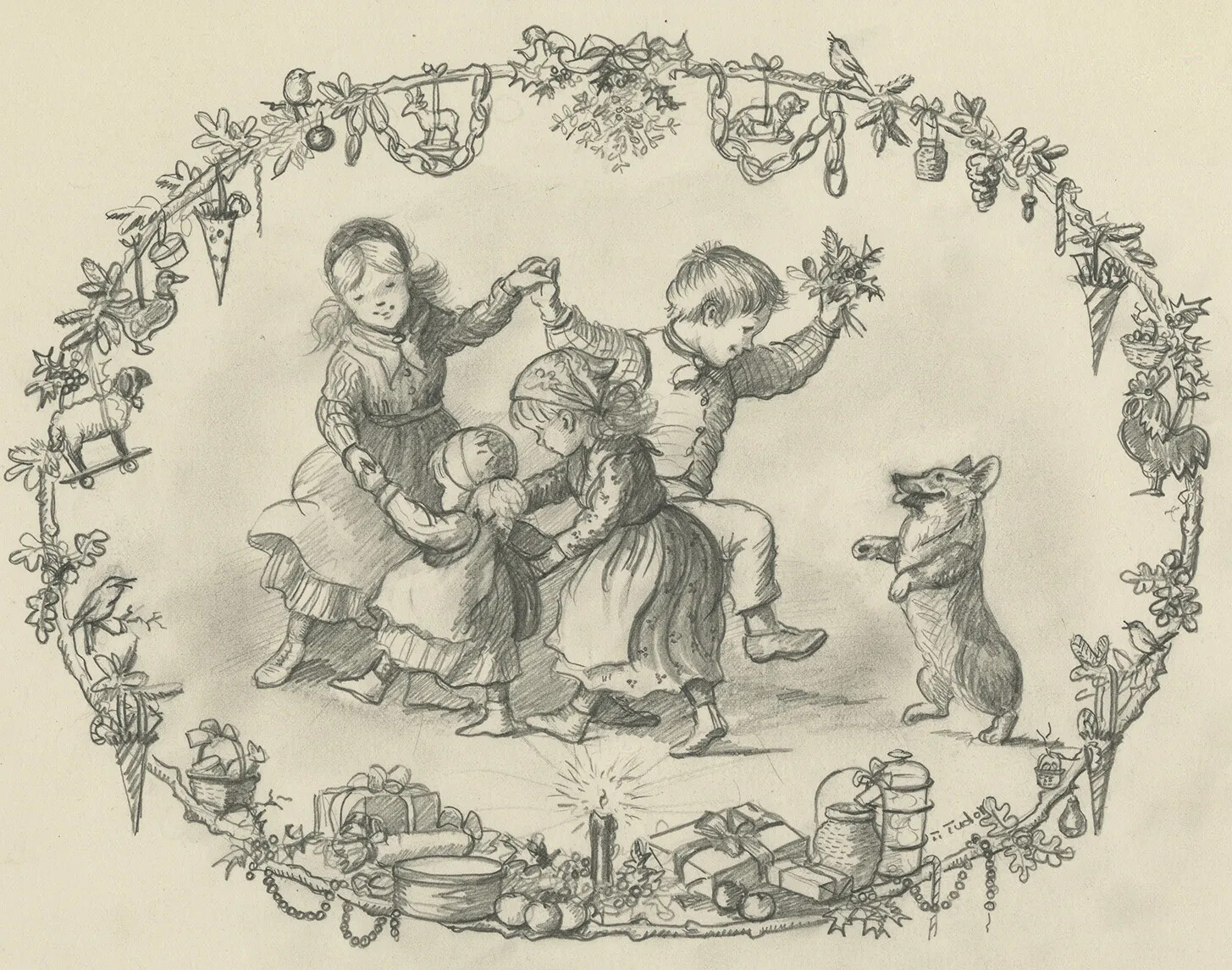 A black and white drawing of four children dancing in a circle. To the right of the children is a corgi standing on its hindlegs. The children and corgi are surrounded by a circular border of children's toys and presents.