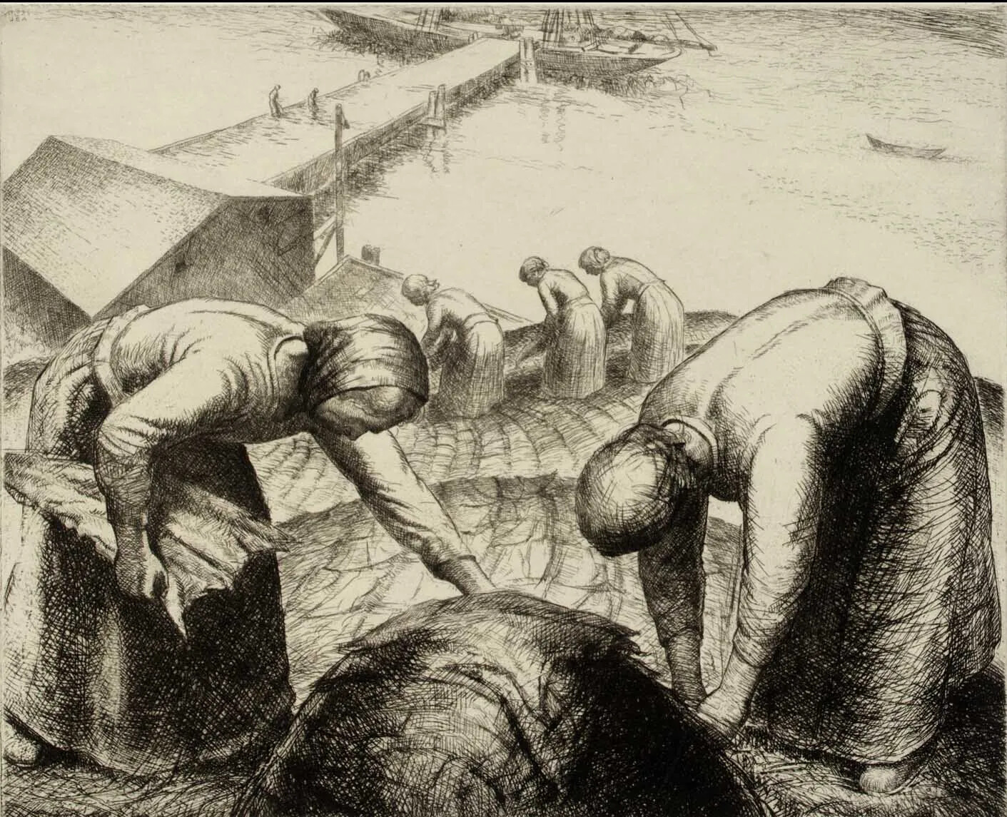 A black and white drawing of a group of women lying out filleted fish bodies on a hilly piece of land, which overlooks a body of water. In the body of water is a long dock that leads to the deck of a ship.