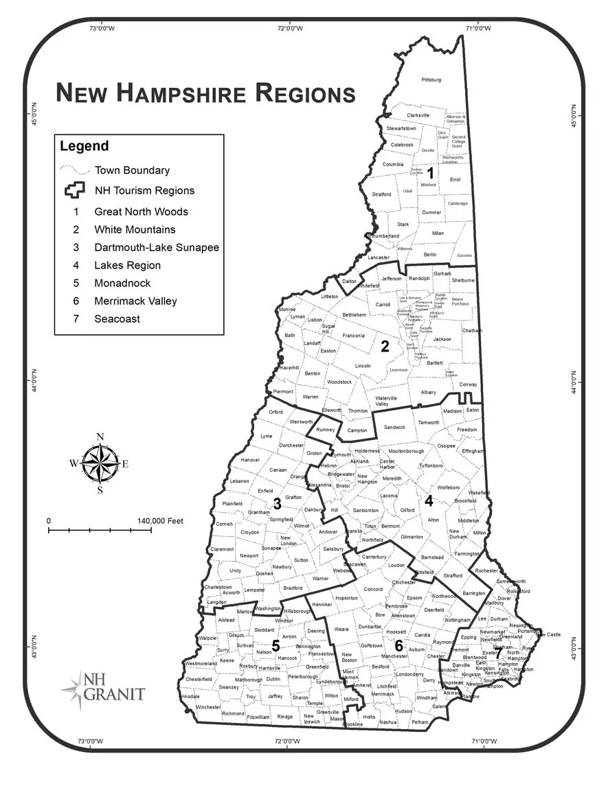 A black and white map of New Hampshire, as separated by regions. The regions are labeled 1-7, beginning in the top of the state and moving down to the bottom. To the left of the map is a box with the words "Legend" typed in black text, placed above a number of drawn images, numbers, and words. The title of the map, placed in the upper left-hand corner, reads "New Hampshire Statewide Map Atlas/NEW HAMPSHIRE REGIONS." Below the title and box are a compass rose and a horizontal line with little vertical lines placed at even intervals.