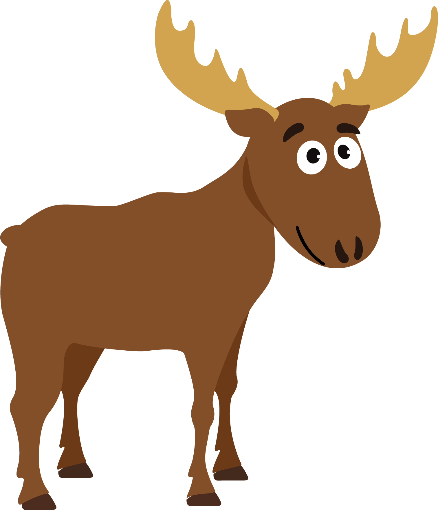 Smiling moose with large antlers and a friendly expression.