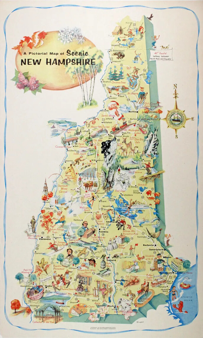 A colored map of New Hampshire, featuing different activities that can be done in different parts of the state. The title of the map, in the upper left-hand corner, reads: "A Pictorial Map of Scenic NEW HAMPSHIRE."