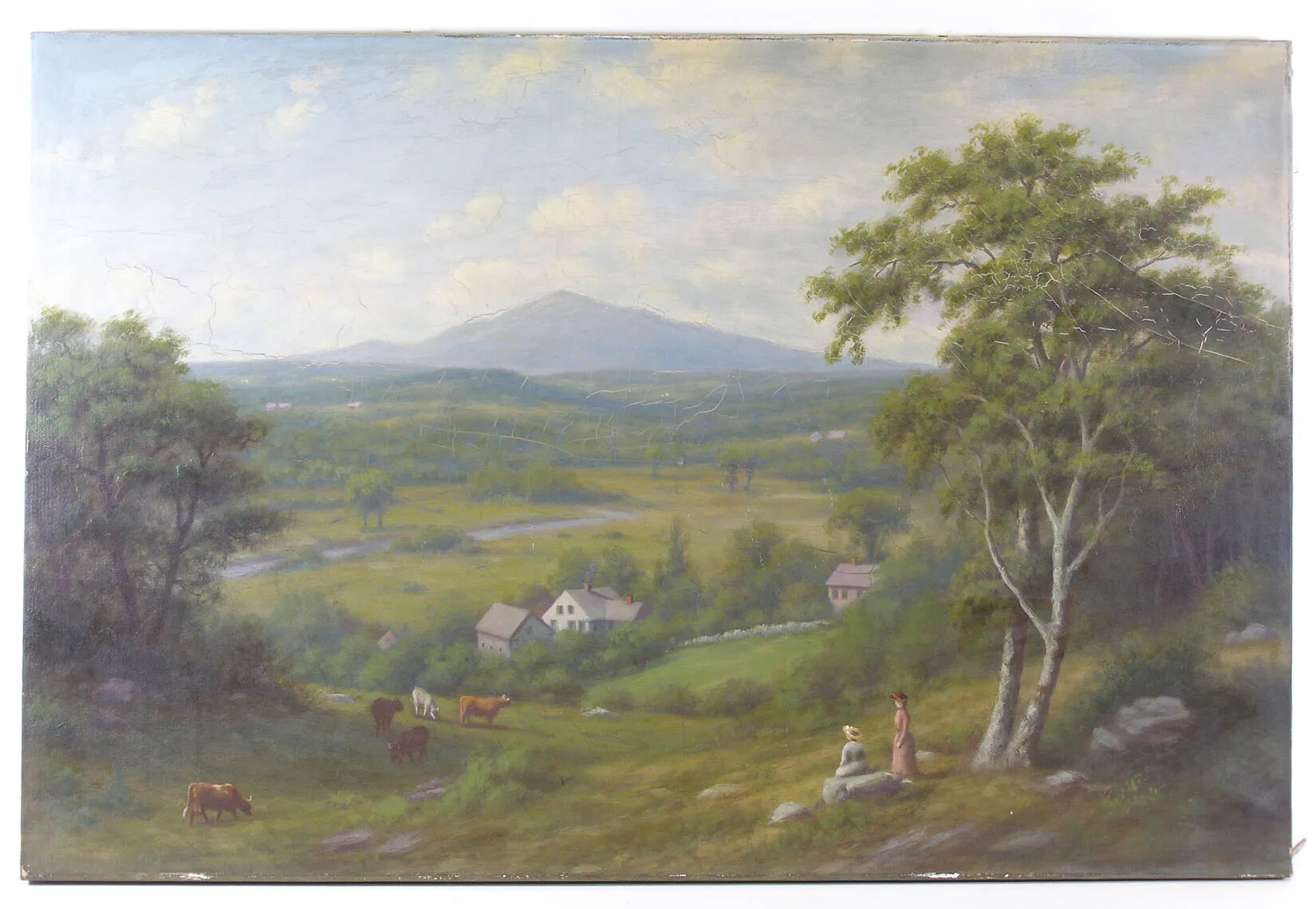 A colored painting of a valley of open green space and trees. A large, pointed mountain sits in the background of the painting. There are three white houses in the center of the painting, and in the foregound, two women - one standing and one sitting in the right-hand side of the painting - face a group of brown and white cows over on the left-hand side.